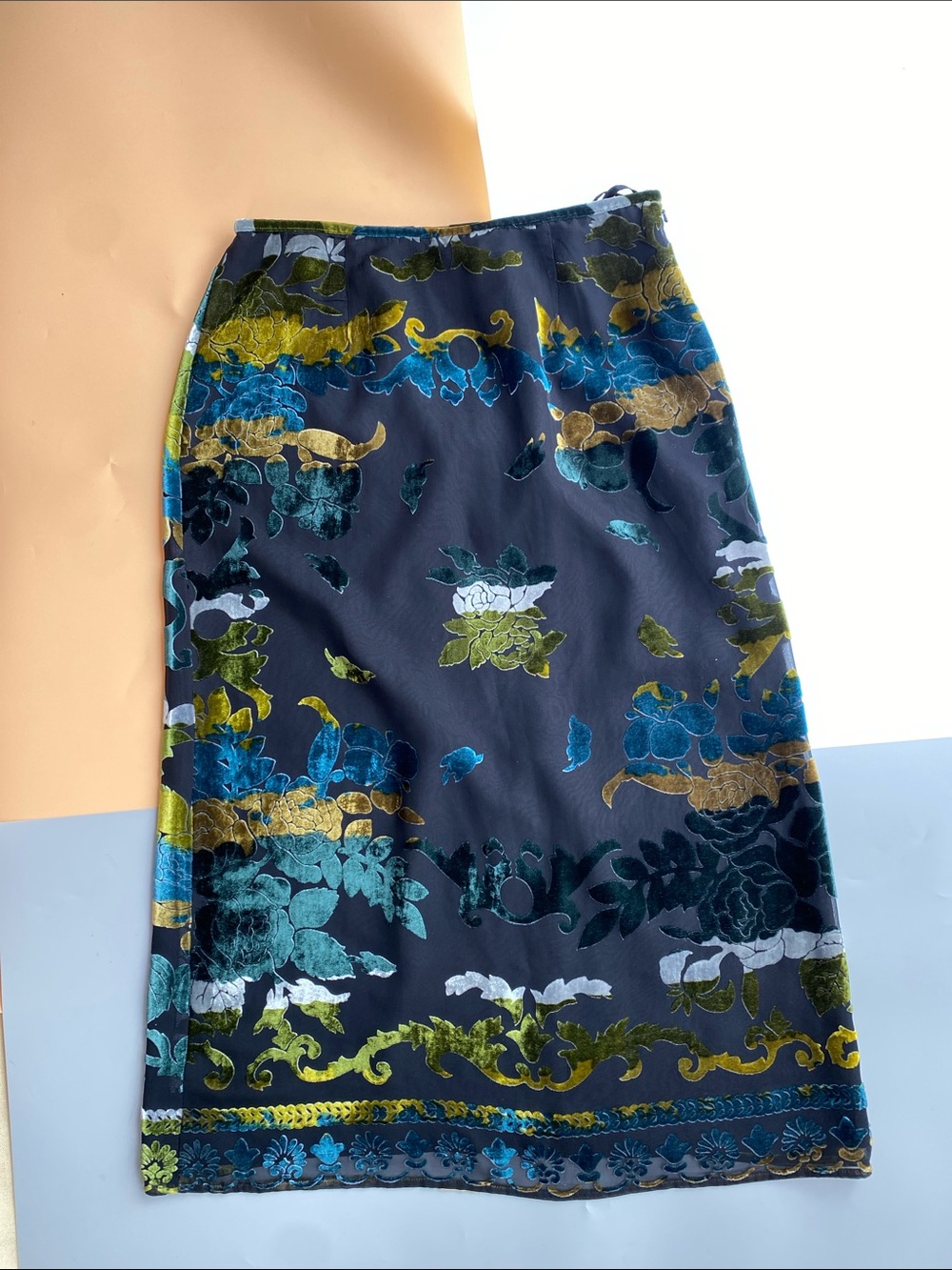 Velvet & Silk Black Floral Pencil Skirt with Green, Teal & Gold